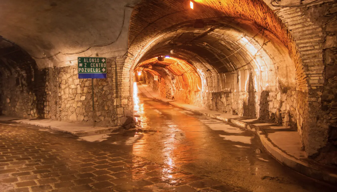 Underground tunnel system in Guanajuato showing the historic mining infrastructure now used for modern transportation